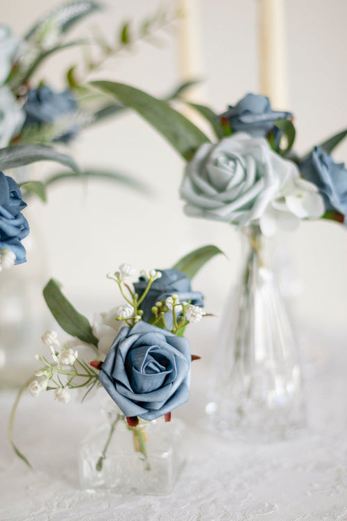 1.5"-2" Foam Rosebud & Petite Rose with Stem in Dutch Blue & Dusty Blue | Clearance