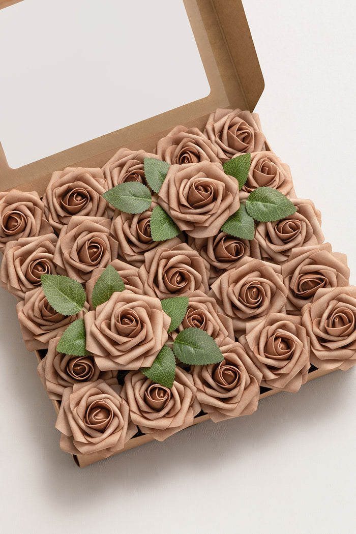 25pcs Sand Beige Foam Rose with Stem – DIY Flower Box