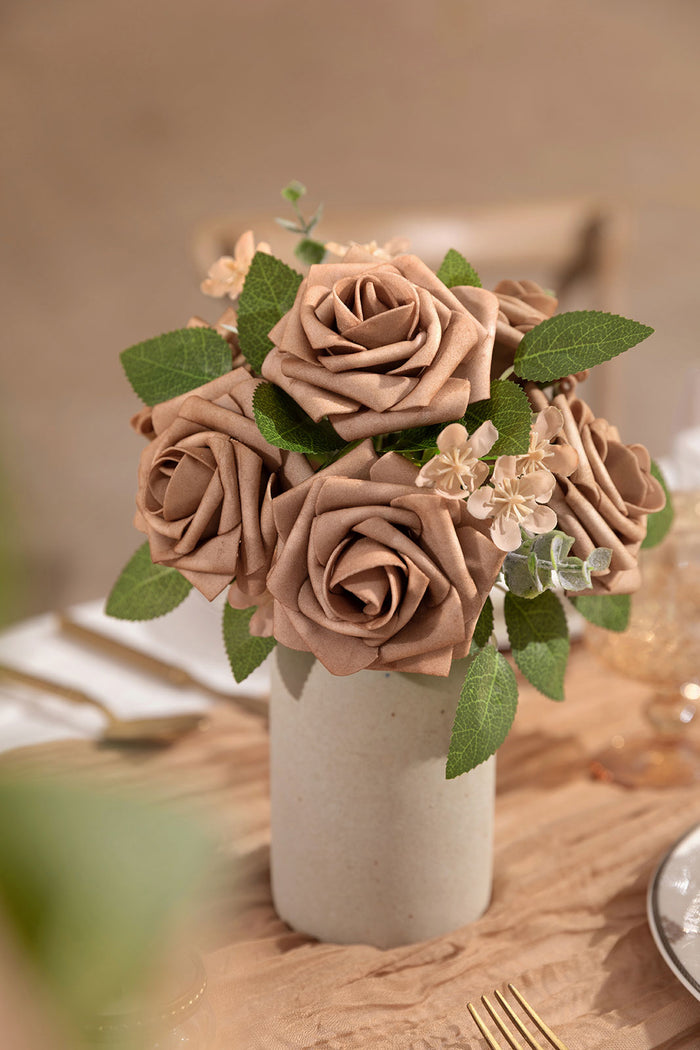 Sand Beige Foam Roses with Wire Stems – 25 Pack Wedding Decor