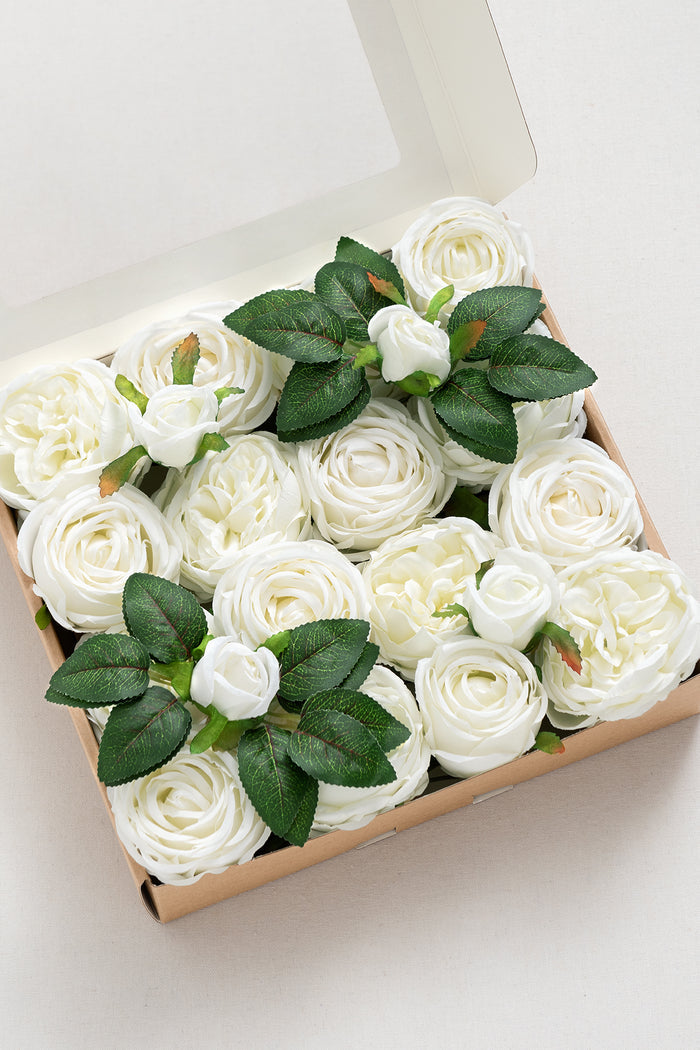 3.5" Silk Austin Rose & 3" Cabbage Rose with Stem in Ivory