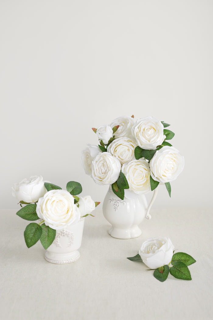 3.5" Silk Austin Rose & 3" Cabbage Rose with Stem in Ivory