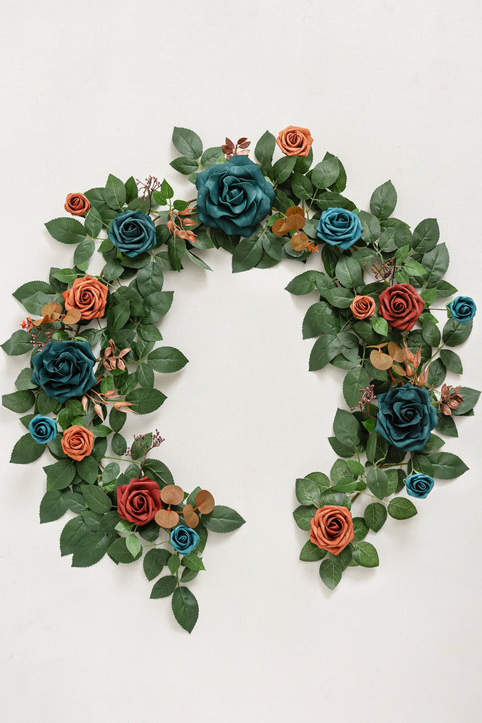 5ft Rose Leaf Flower Garland in Dark Teal & Burnt Orange - Image 4
