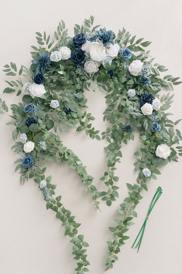 6.5ft Flower Garland with Hanging Rose Leaves for Ceremony Backdrop in Dusty Blue - Image 4
