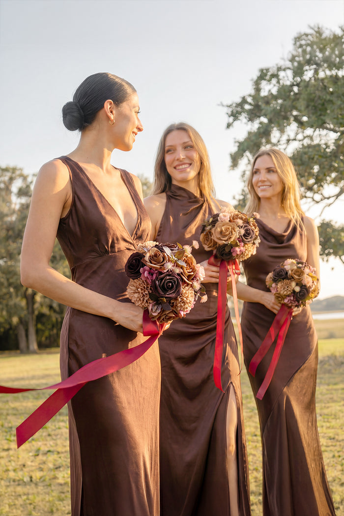 7" Round Bridesmaid Bouquet in Earth Brown & Black Baccara