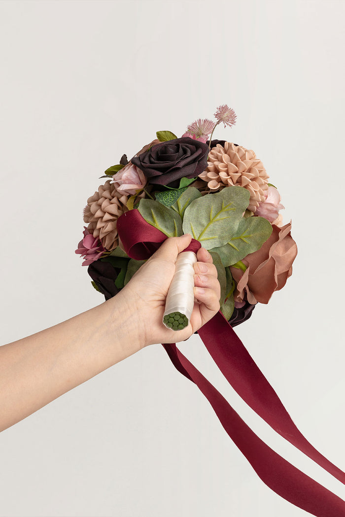 7" Round Bridesmaid Bouquet in Earth Brown & Black Baccara