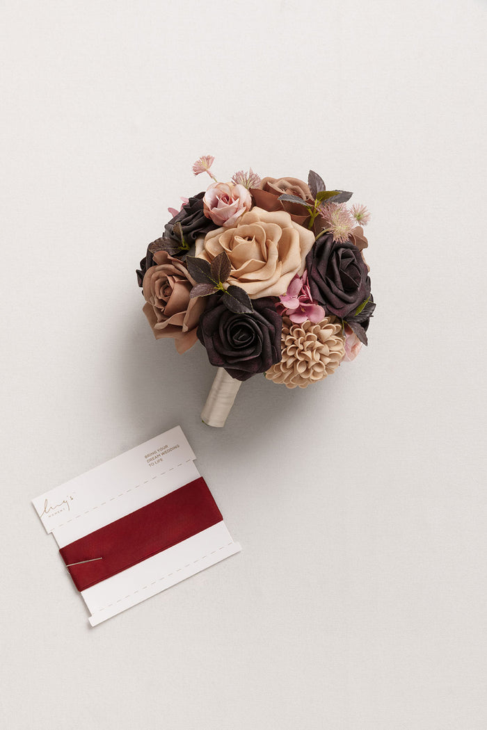 7" Round Bridesmaid Bouquet in Earth Brown & Black Baccara