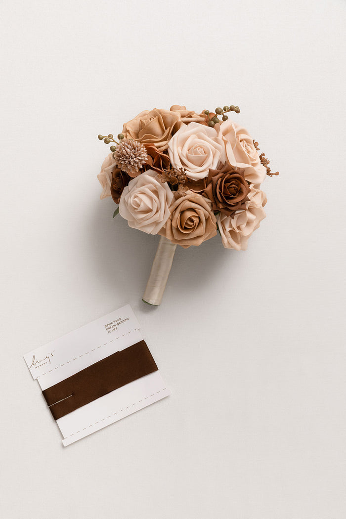 7" Round Bridesmaid Bouquets in Earth Brown & Sand Beige