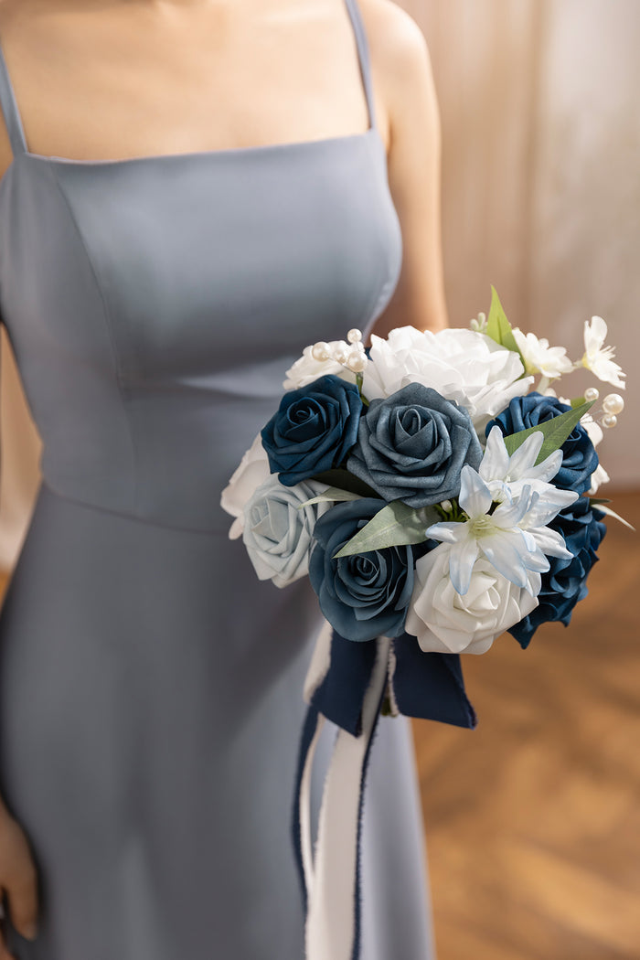 9" Bridesmaid Bouquet in Dusty Blue & Navy
