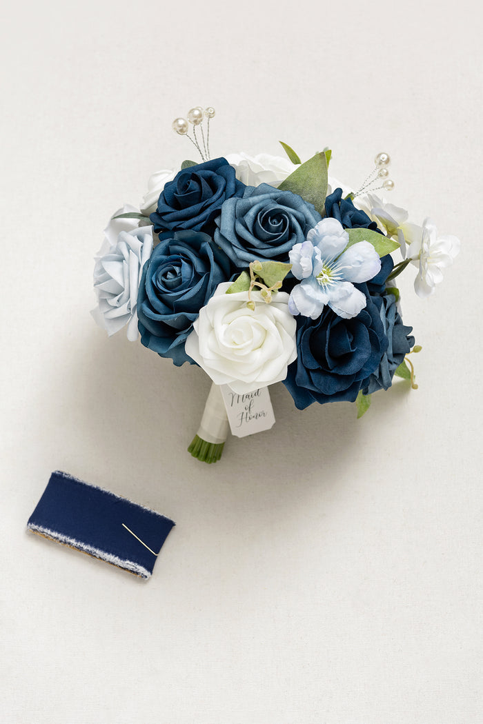 Round Bridesmaid Bouquet in Dusty Blue & Navy - Image 5