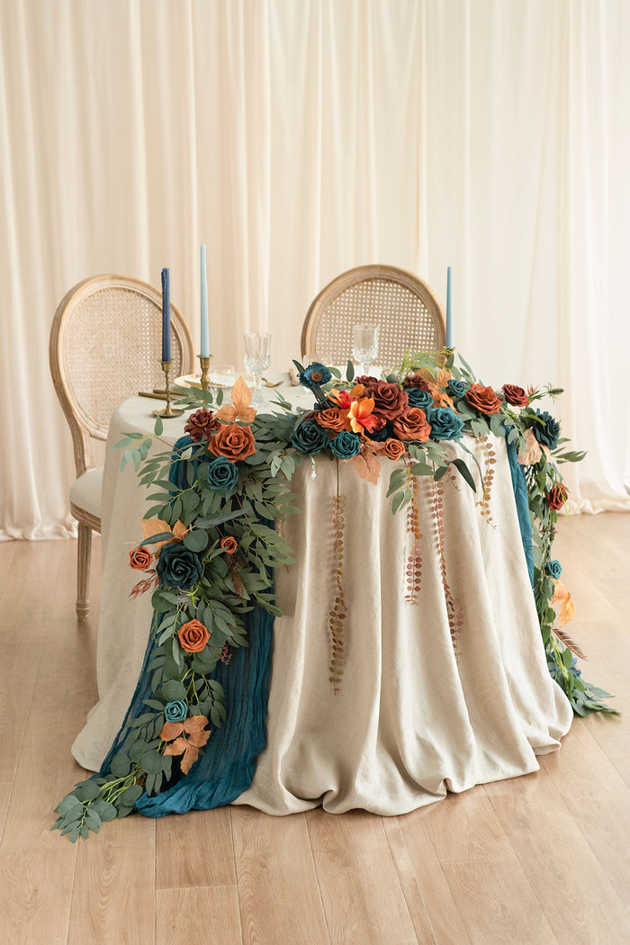 9ft Head Table Flower Garland in Dark Teal & Burnt Orange - Image 3