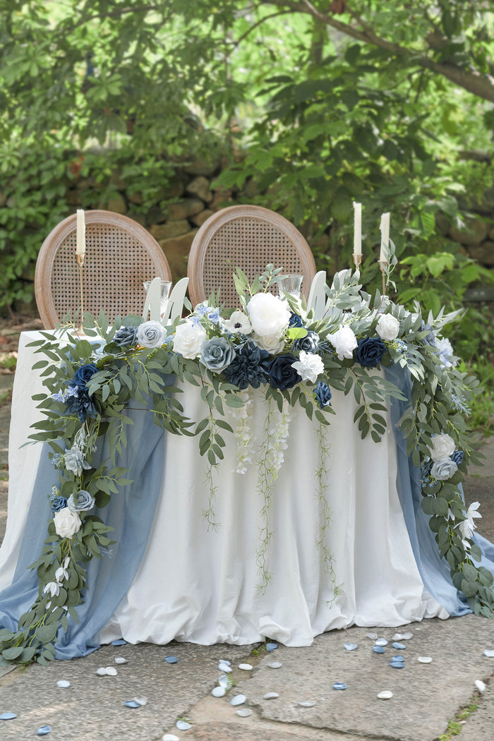 9ft Head Table Flower Garland in Dusty Blue & Navy - Image 3