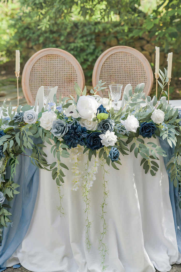 9ft Head Table Flower Garland in Dusty Blue & Navy - Image 4