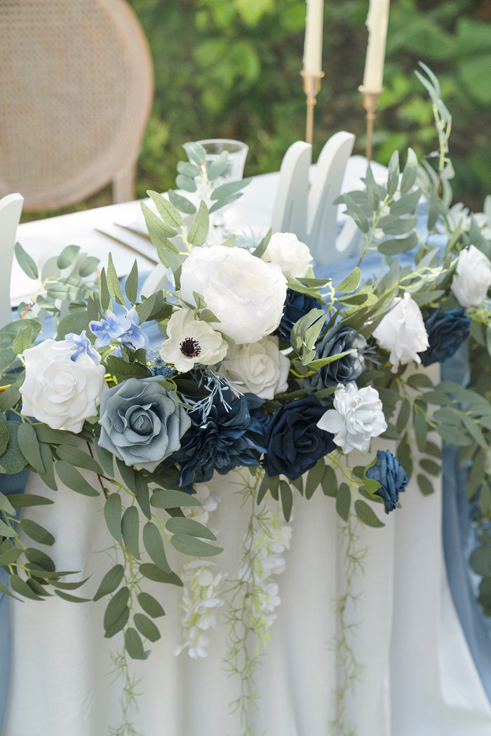 9ft Head Table Flower Garland in Dusty Blue & Navy - Image 5