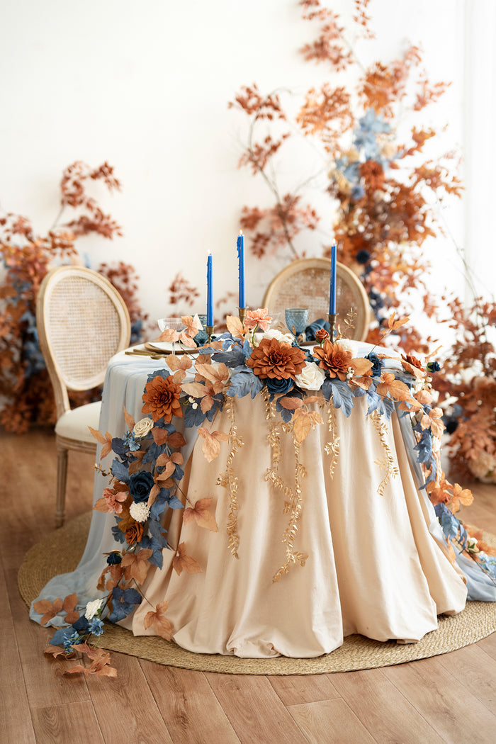 9ft Head Table Flower Garland in Russet Orange & Denim Blue - Image 2