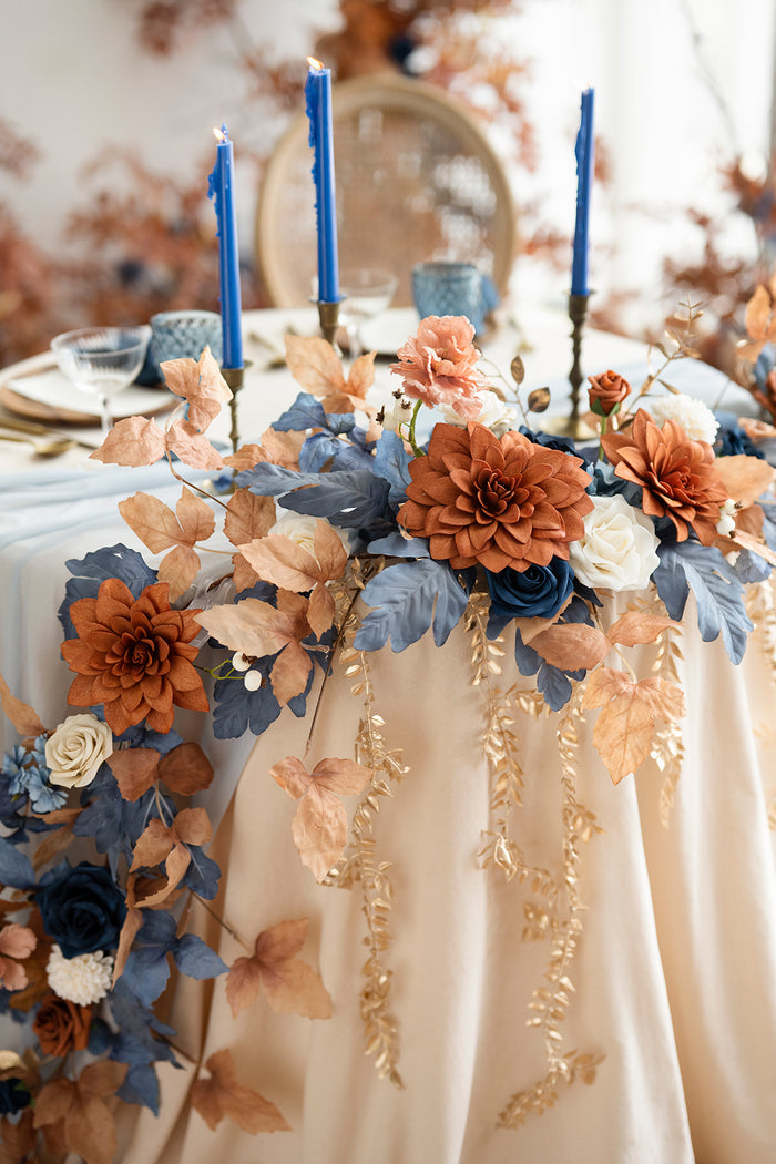 9ft Head Table Flower Garland in Russet Orange & Denim Blue - Image 3