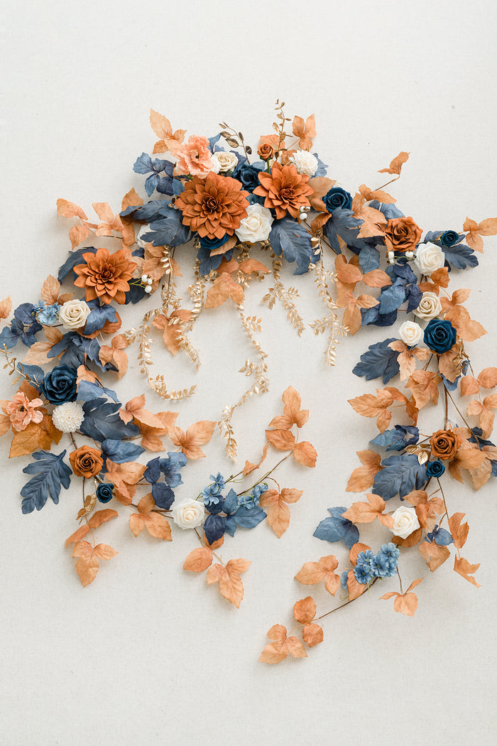9ft Head Table Flower Garland in Russet Orange & Denim Blue - Image 4