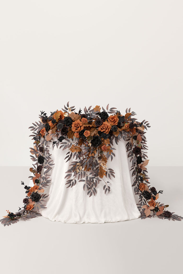 9ft Head Table Flower Garland in Black & Pumpkin Orange