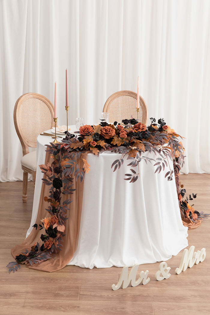 9ft Head Table Flower Garland in Black & Pumpkin Orange - Image 2