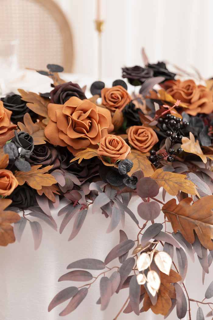 9ft Head Table Flower Garland in Black & Pumpkin Orange - Image 3