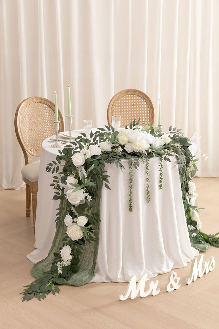 9ft | Head Table Flower Garlands in White & Sage V2