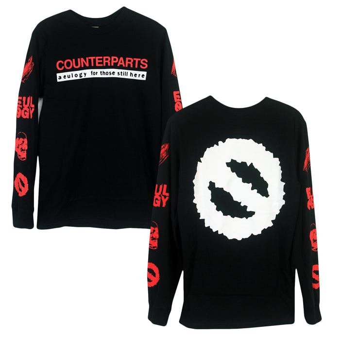 image showing a black long sleeve to show off prints. Front chest print is the words "Counterparts" in red and "a eulogy for those still here" in tan. Both sleeves have various symbols printed on them in red. Back of long sleeve has the Counterparts circle logo in tan.