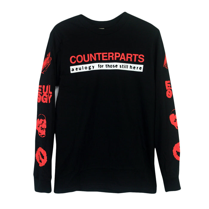 Front chest print is the words "Counterparts" in red and "a eulogy for those still here" in white. Both sleeves have various symbols printed on them in red