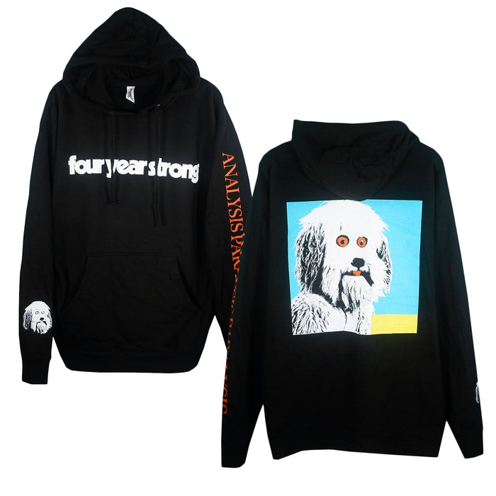 Two black hoodies from Four Year Strong: the front has Four Year Strong text and a small dog face on the sleeve; the back shows a bold square graphic of a wide-eyed white dog on a blue and yellow background.