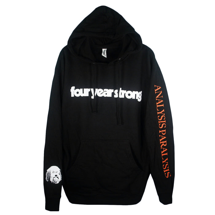 A printed hoodie from Four Year Strong with four year strong in bold white on the chest, ANALYSIS PARALYSIS in orange on one sleeve, and a white dogs face graphic on the other sleeve.