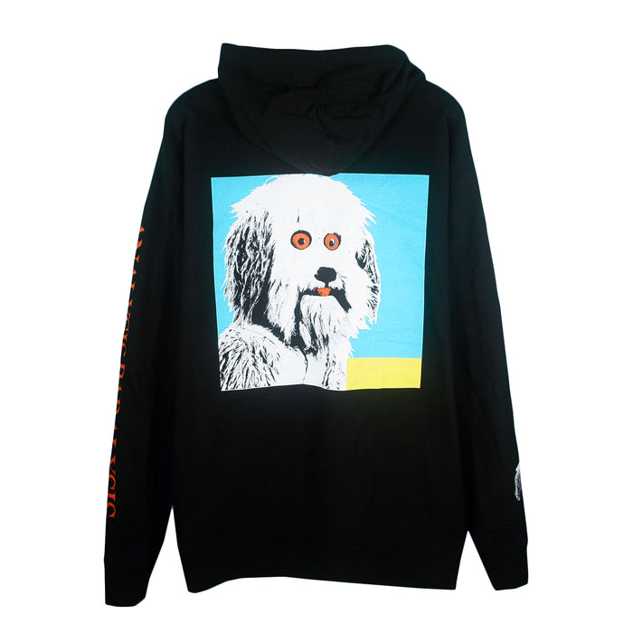 Black printed hoodie from Four Year Strong featuring a large graphic of a white, fluffy dog with wide orange eyes on the back. Blue and yellow background; orange text partially visible on the sleeve completes this bold piece.
