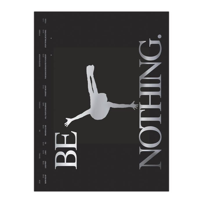 A grayscale Boston Manor poster features a silhouetted figure falling backward, arms outstretched. Large metallic letters spell BE NOTHING.—a presale item shipping 08/12/2026—with BE left and NOTHING. vertical right.