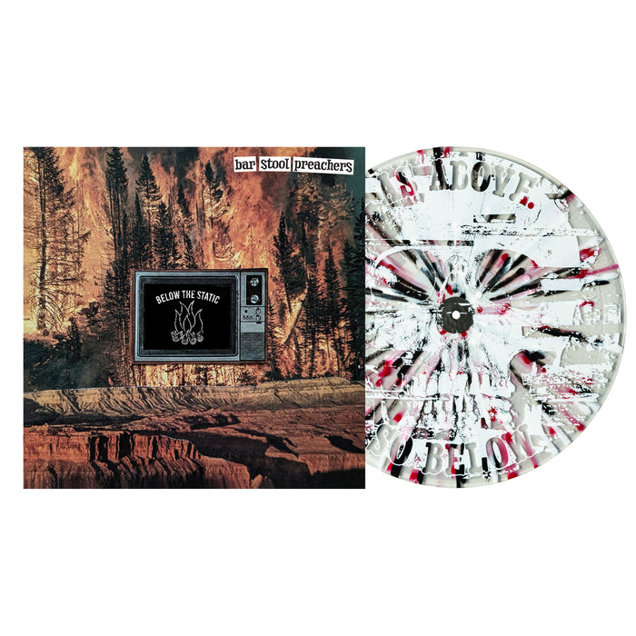 The Bar Stool Preachers Below the Static album cover features a TV in a forest and comes with an exclusive white vinyl LP, splattered black and red, now available as a presale.