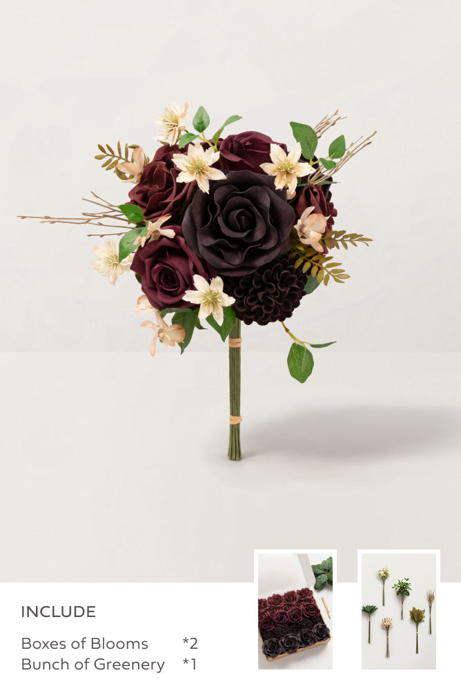 DIY Bridesmaid Bouquet Kit (Set of 4) - Black Baccara & Burgundy with Olive Green Mixed Greenery