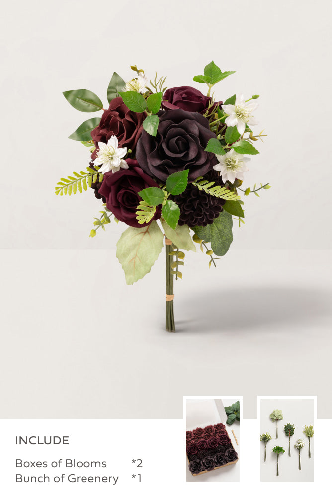 DIY Bridesmaid Bouquet Kit (Set of 4)  - Black Baccara & Burgundy with Sage Mixed Greenery