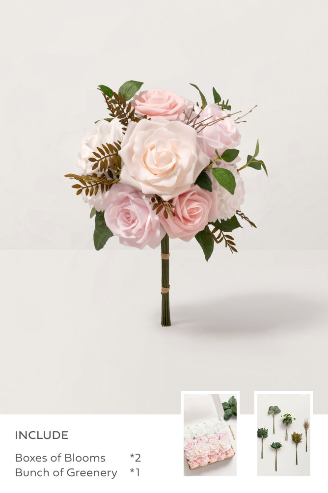 DIY Bridesmaid Bouquet Kit (Set of 4) -Blush & White with Olive Green Greenery