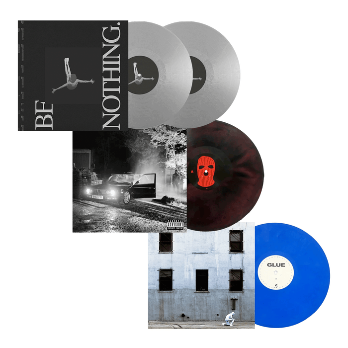 Three Boston Manor vinyl records are shown: the Be Nothing 10th Anniversary double gray LP, a black and red LP with a masked figure cover, and a solid blue presale LP with a white building on its label.