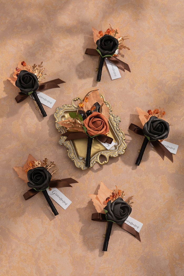 Boutonnieres in Black & Pumpkin Orange - Image 2