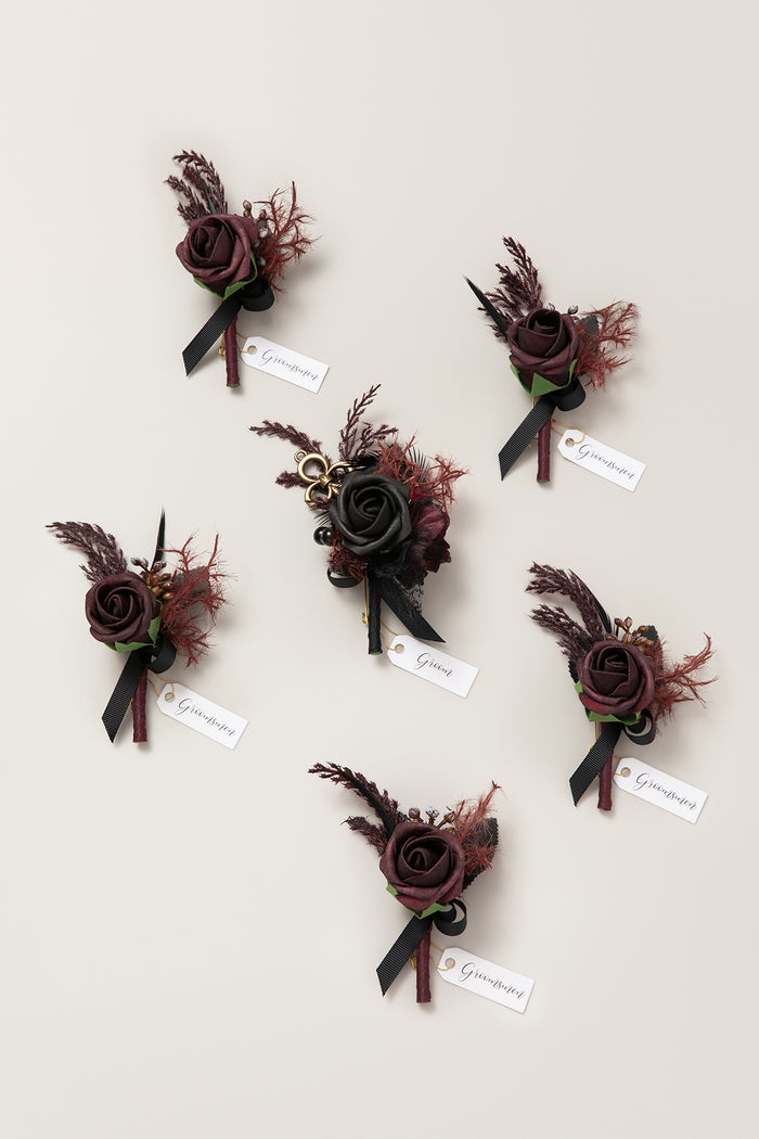Boutonnieres in Moody Burgundy & Black