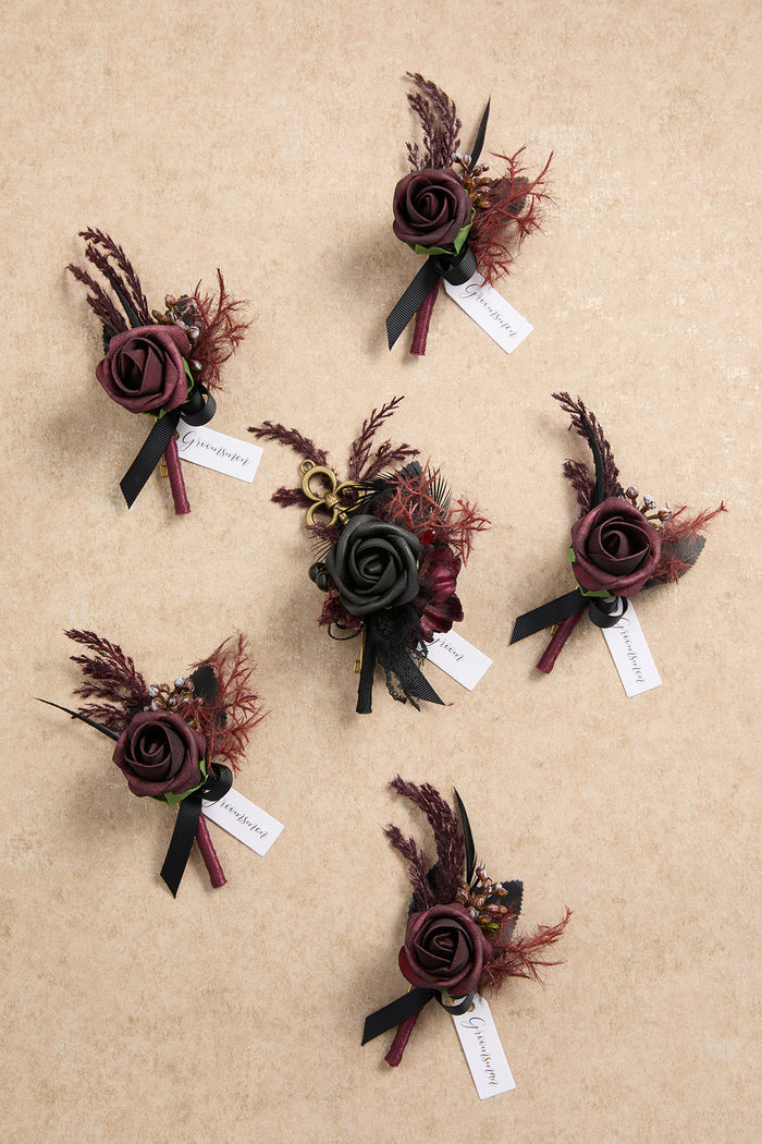 Boutonnieres in Moody Burgundy & Black - Image 2
