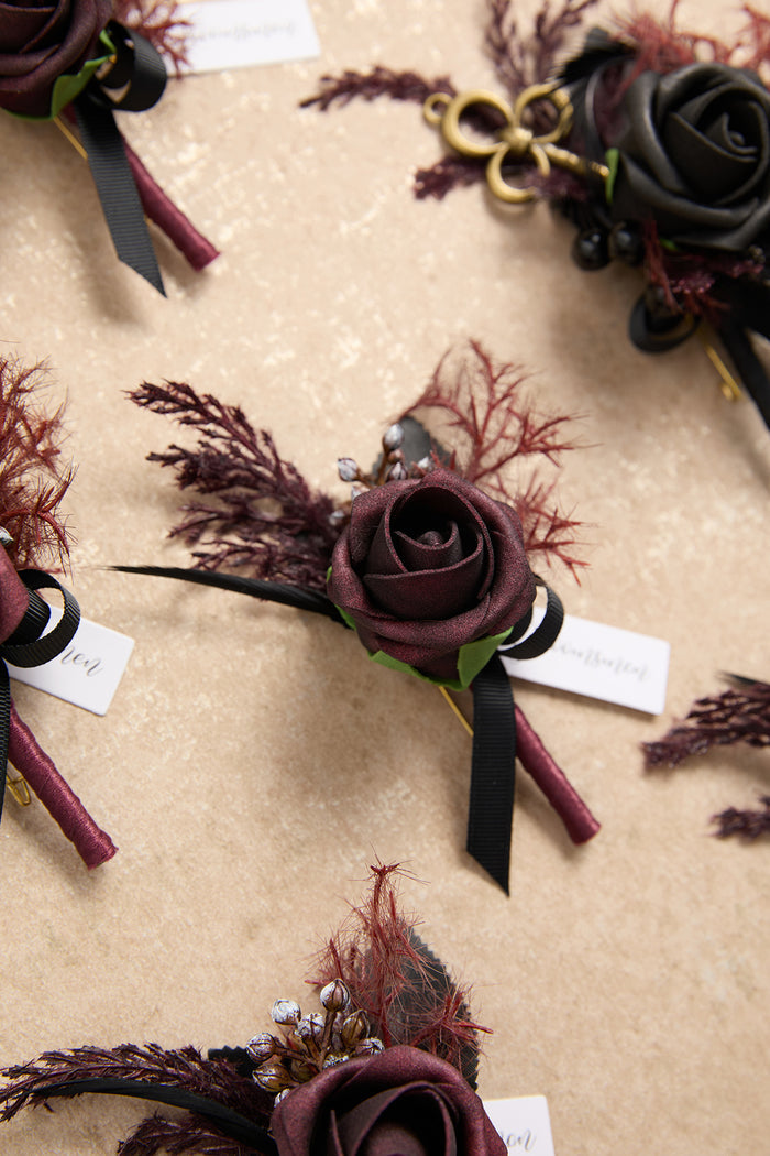 Boutonnieres in Moody Burgundy & Black - Image 4