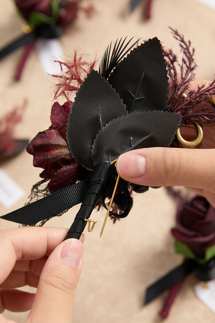 Boutonnieres in Moody Burgundy & Black - Image 5