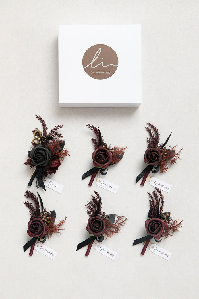 Boutonnieres in Moody Burgundy & Black - Image 6