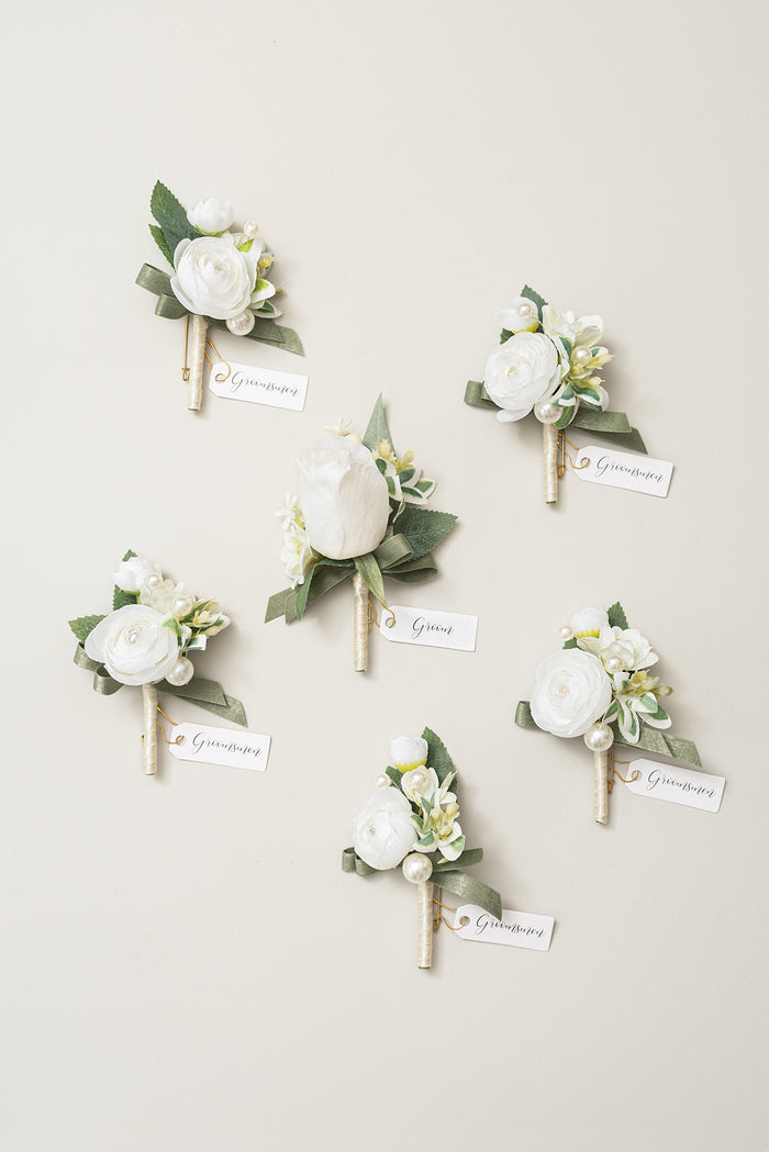 Boutonnieres in White & Sage