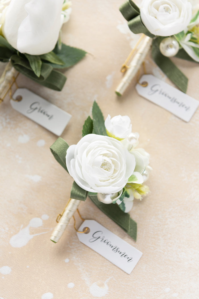 Boutonnieres in White & Sage - Image 6