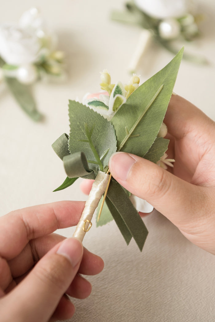 Boutonnieres in White & Sage - Image 7