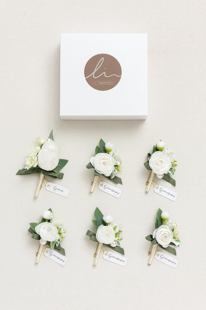 Boutonnieres in White & Sage - Image 8