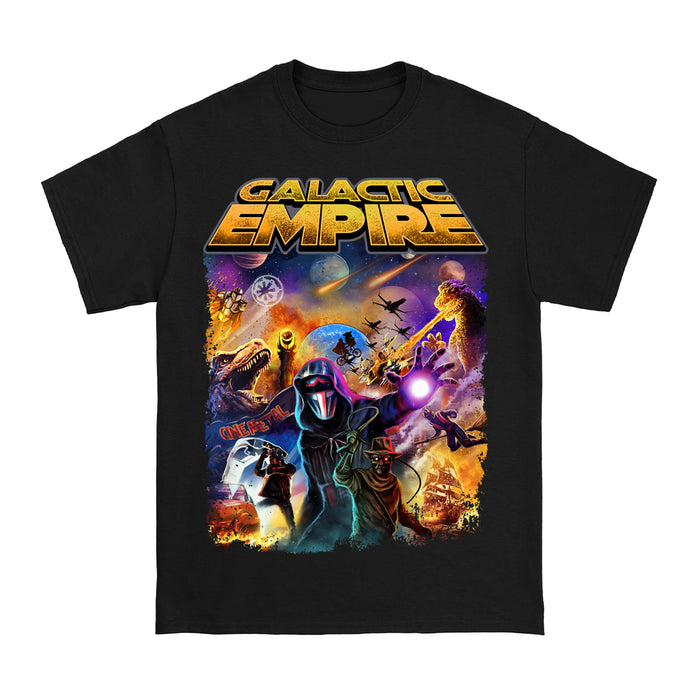 Galactic Empire Black t-shirt with a vibrant sci-fi illustration: a hooded figure, spaceships, planets, dinosaurs, and lasers in a colorful cosmic scene, plus the Galactic Empire logo.