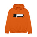 An orange hooded sweatshirt by DOWNWARD features a large black speech bubble graphic with a white center and downward arrow on the chest. Includes front pocket and drawstrings for comfort.