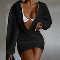Deep V-neck Solid Color Long Sleeve Mini Dress Mimarta