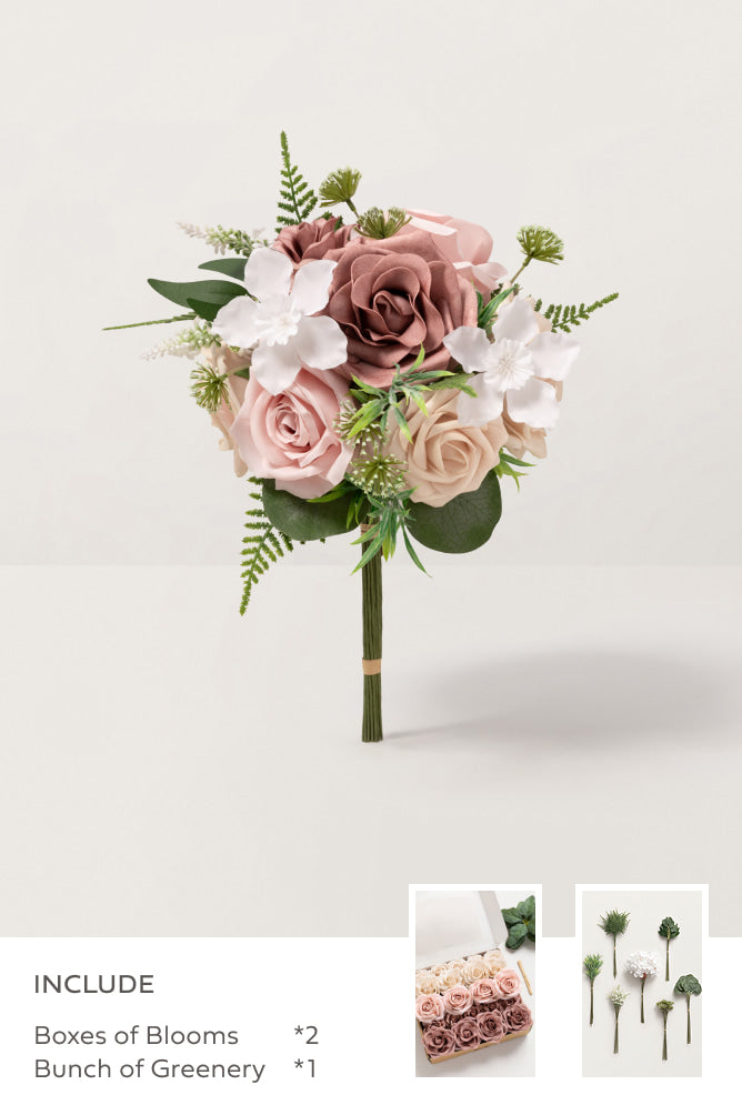 DIY Bridesmaid Bouquet Kit (Set of 4) -Dusty Rose & Nude with Green Greenery