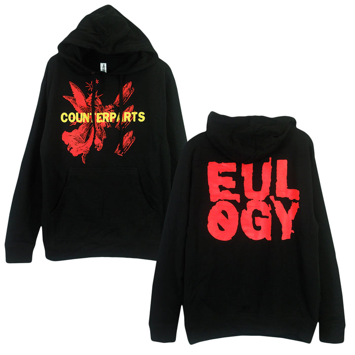 image of black pullover sweat shirt. front print has an angel with 3 coffins next to it in red ink. Over the image is "Counterparts" in yellow ink. the back print of the hoodie is the word "Eulogy" in red block letters.